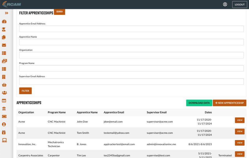 RCAM Apprenticeship Tracker sample 1